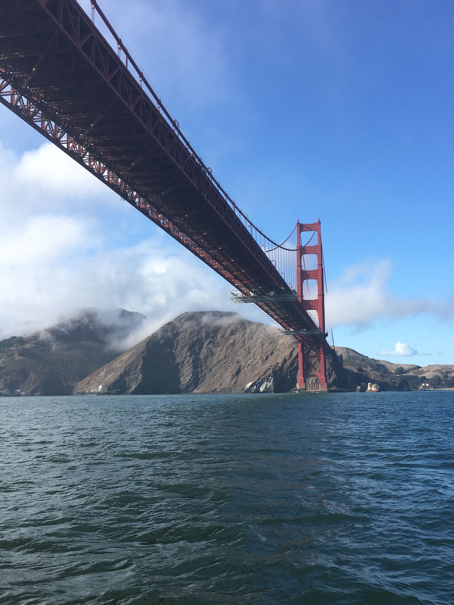 The Golden Gate Bridge seen from below on San Francisco Bay